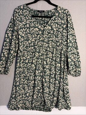 Madewell Green and Cream Floral Long-Sleeve Babydoll Dress